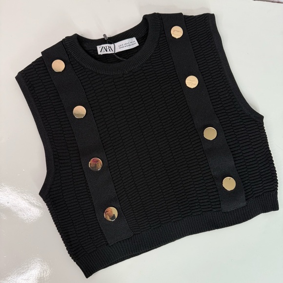 NEW ZARA S Black Sleeveless Crop Top Knit Vest Gold Button Accents Small NWT - Picture 14 of 15